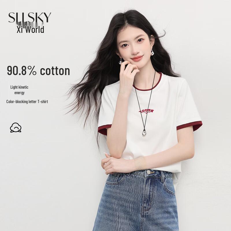 sllsky Women s American Style Contrast Letter T-Shirt L