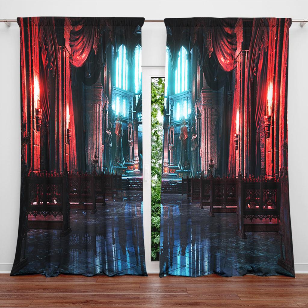 2 Pezzi Tenda Stampata Stile Europeo Chiesa per Arredo Casa - Trattamento Finestra con Tasca per Asta per Camera da Letto, Ufficio, Cucina