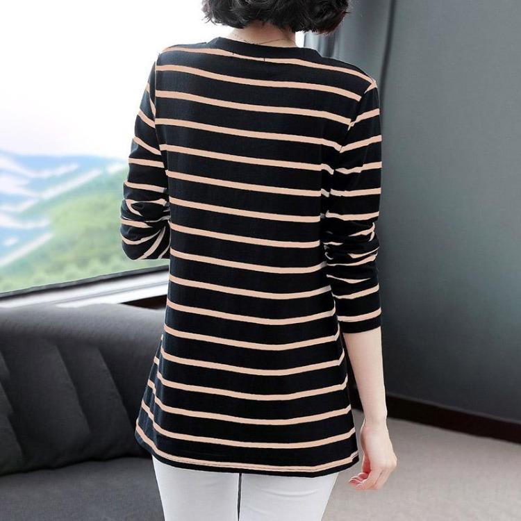 Casual Striped Pullover Shirt Long Sleeved Round Neck Tops for Women Slim Fit