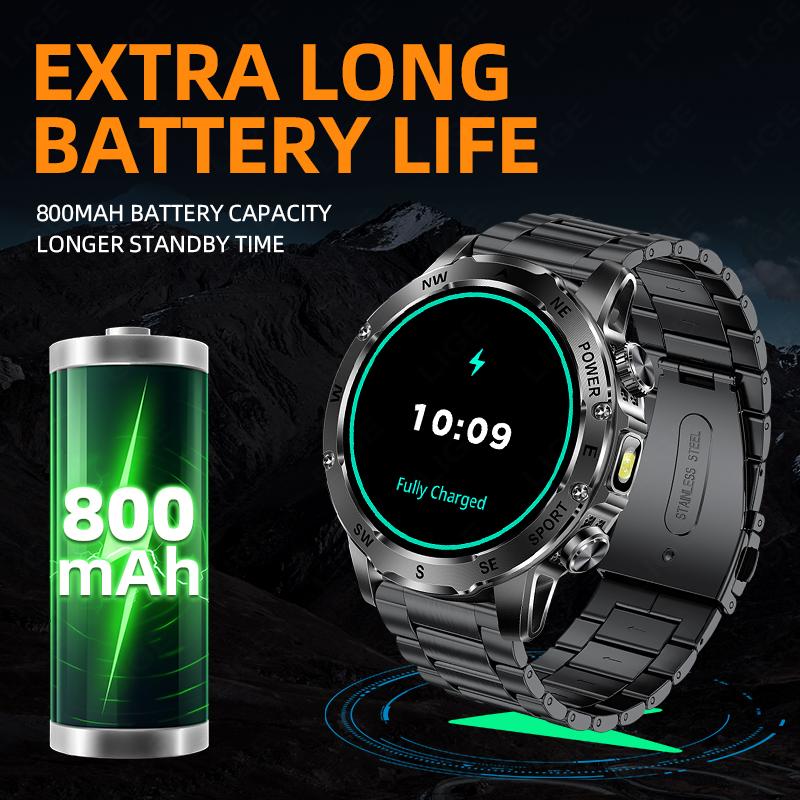 800mAh Large Battery Durable Adult Smart Watch Compass LED Flashlight IP68 BT Call Heart Rate 100+ Sports Smartwatch Men
