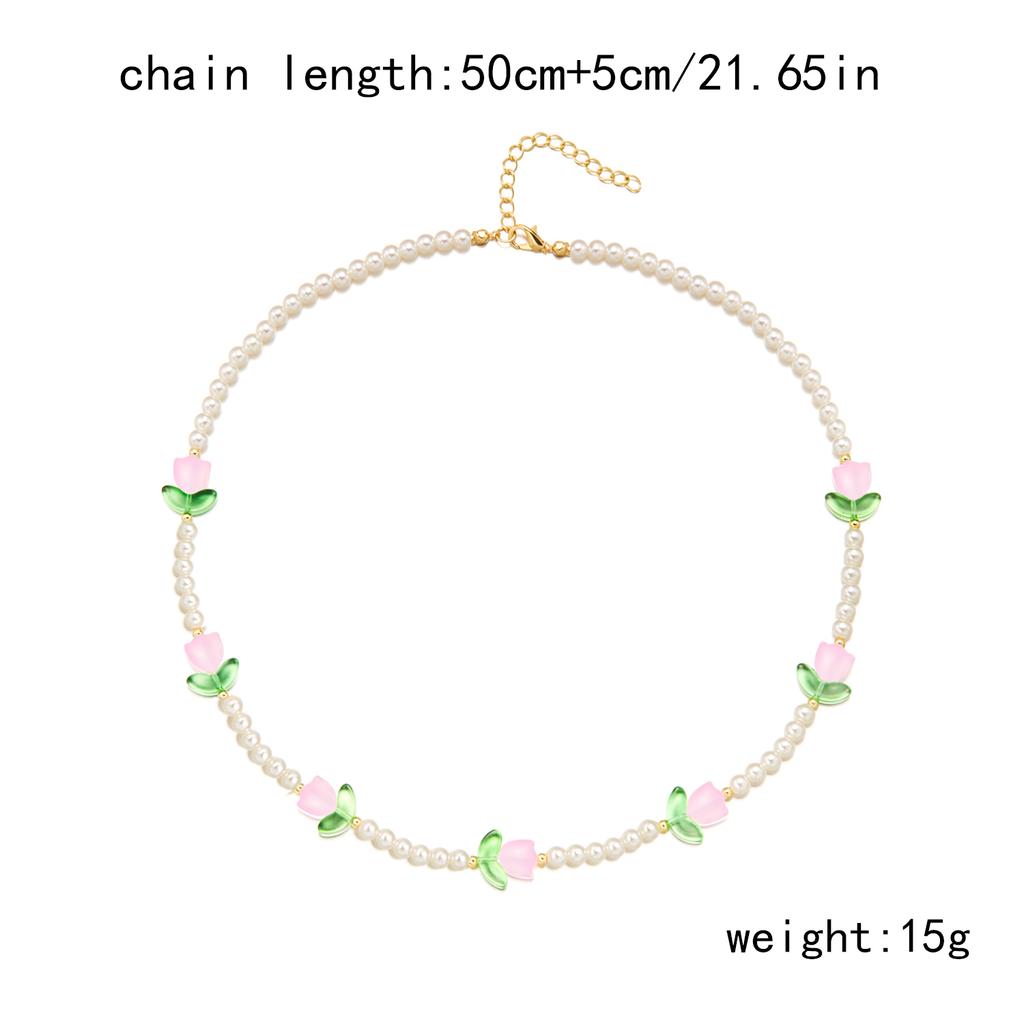 Zartes Tulpen-Imitat-Perlen-Choker-Halsband für Damen Mädchen Süßes Blumen-Grünblatt-Halsband Hochzeitsfeier Schmuck Geschenk