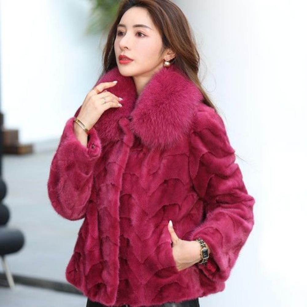 

New Gorgeous High-end Red Mink Coat for Women with Jurchen Mink Fox Fur Collar Short Fur Patchwork Mink Coat Send Mom and Wife XXXXL