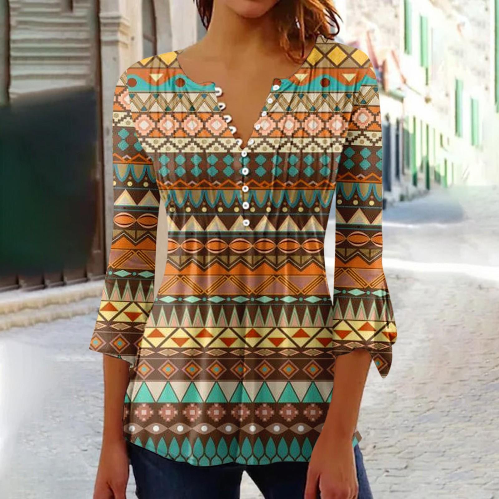 

3/4 Petal Sleeve Shirts For Women Tees Blouses Casual Basic Tops Ethnic Style Printed Pleat Button Pullover M