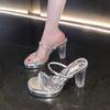 High Heels Women's Outer Wear New Summer Transparent Sandals One Word with Thick Heel Crystal Heel Cool Slippers Women's Shoes