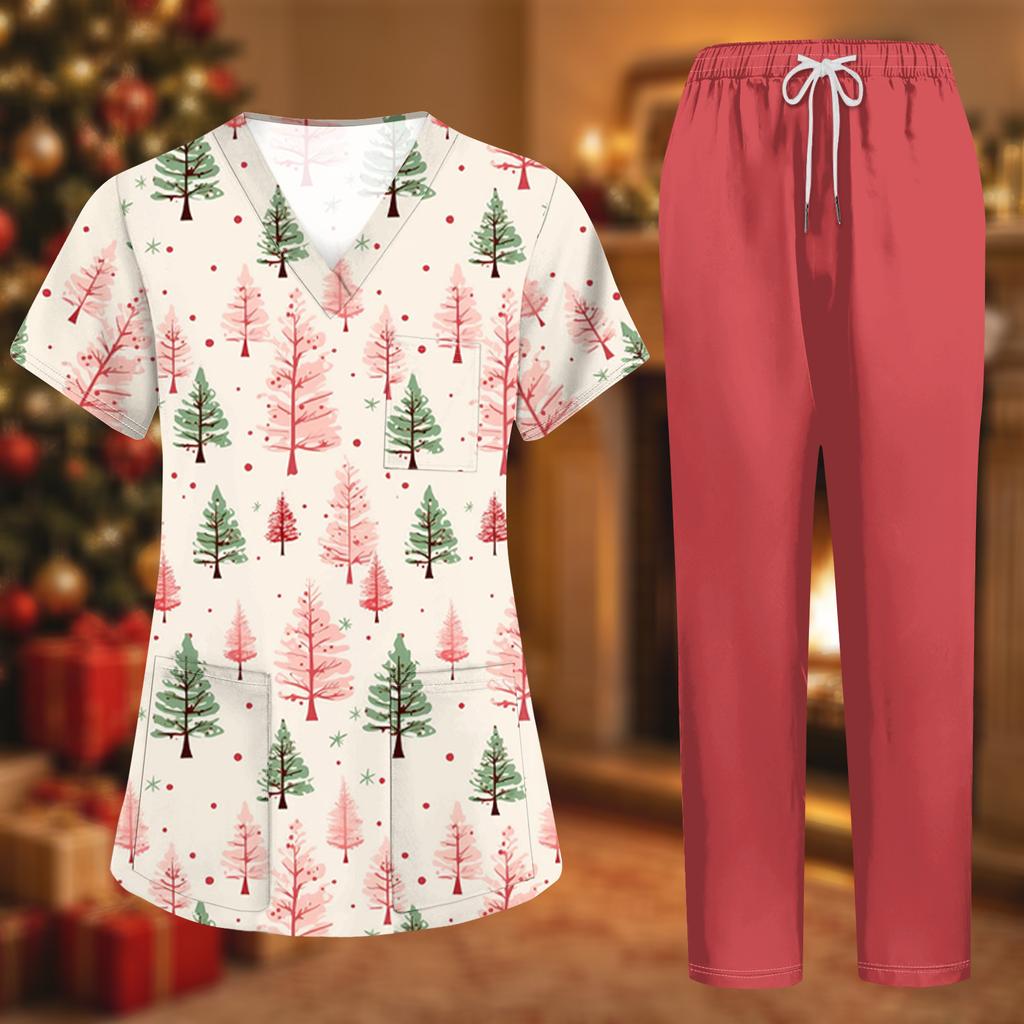 Women's Uniform Set with Short Sleeve Christmas Print Top and Pants, Two Piece Caregiver with Pockets
