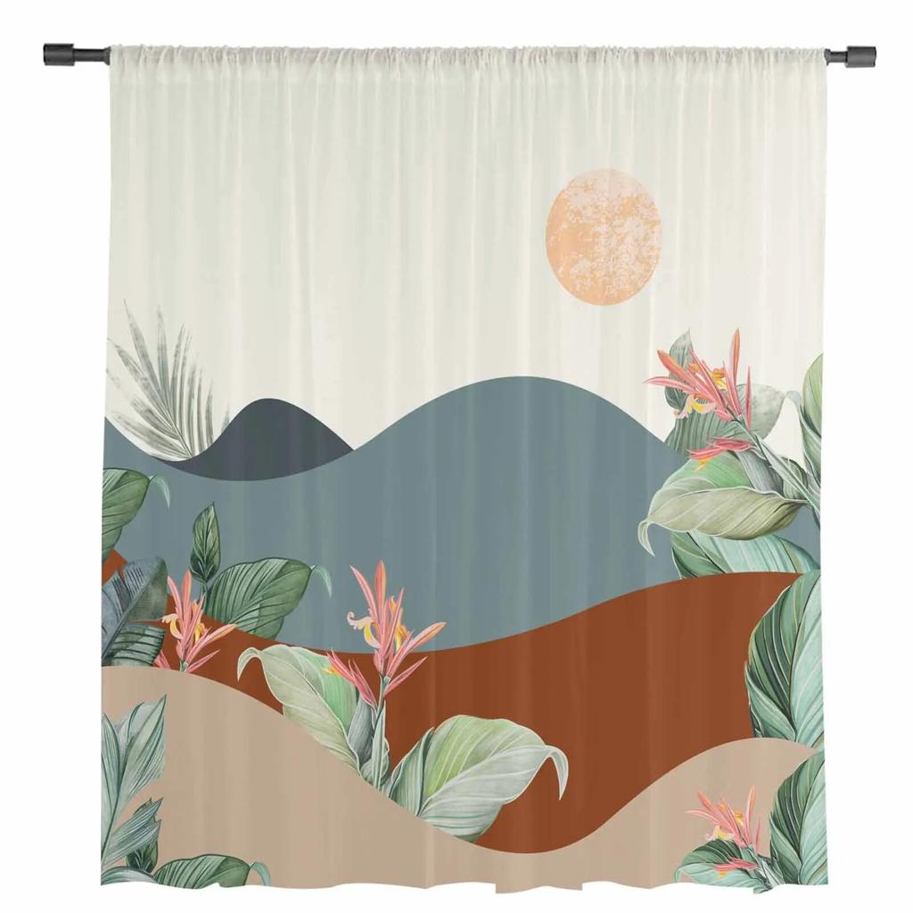 Boho Geometric Abstract Leaves Sheer Curtains For Living Room Kitchen Window Curtains Bedroom Tulle Voile Curtains