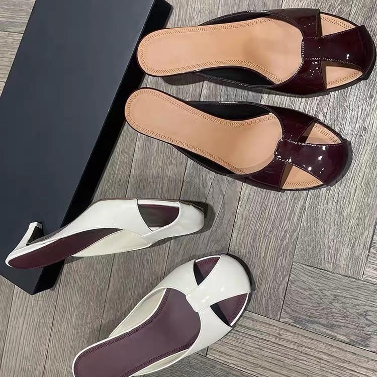 Fashion Thin Heels Low Cover Toe Shoes Slippers Casual Slides Slipers Women Luxury Fretwork Summer Genuine Leather 2025 Rome Fabric Sexy