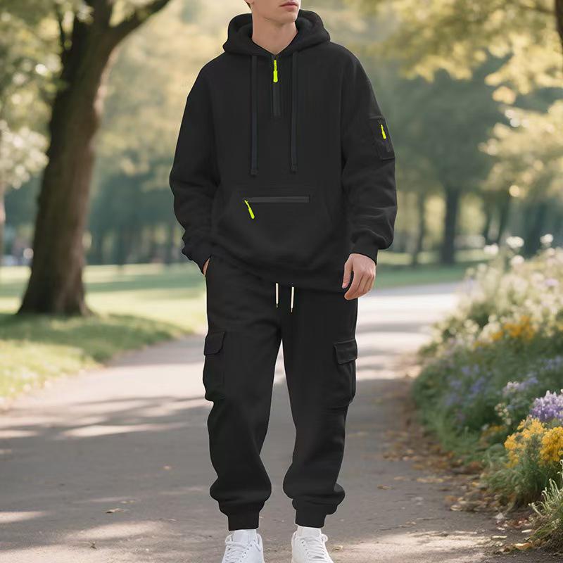 2025 Men's Autumn/Winter Fleece Zip-up Hoodie & Multi-pocket Cargo Pants Sports Set