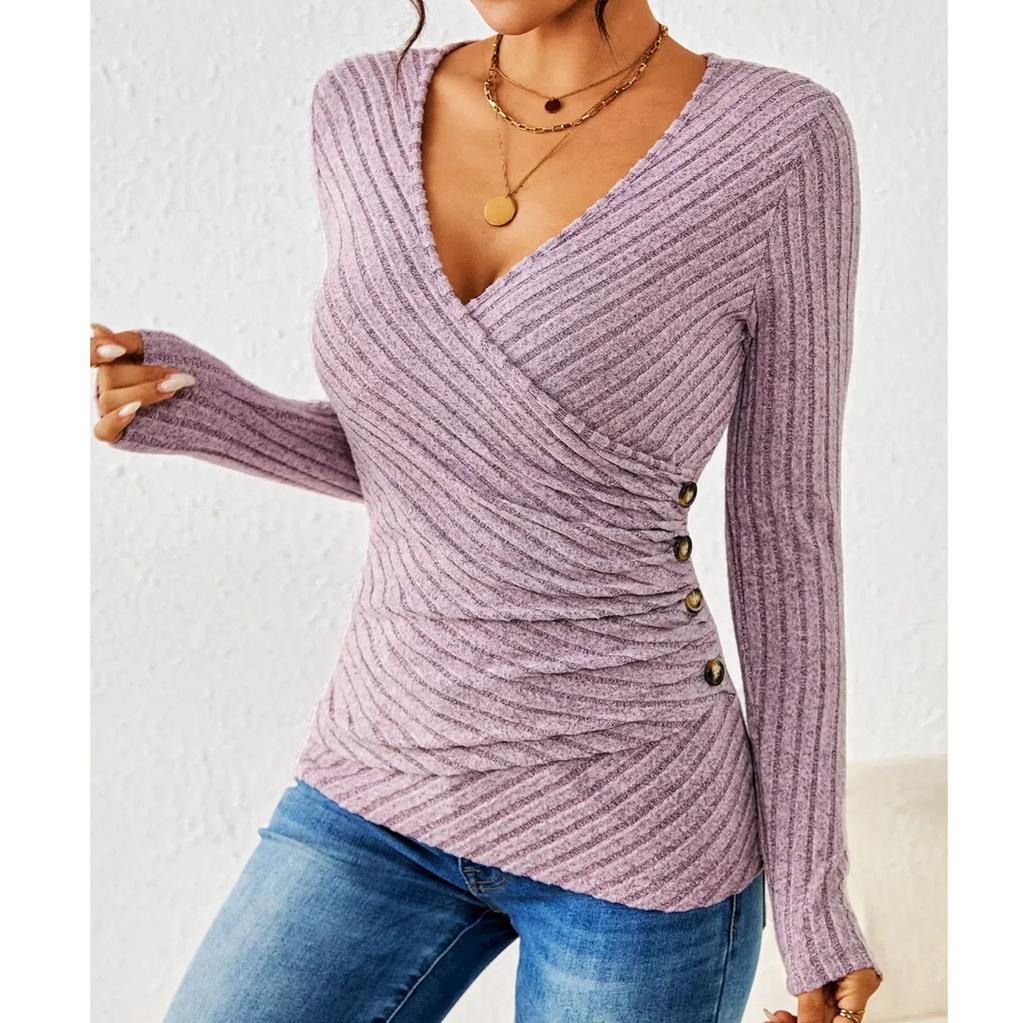 Dámsky ležérny všestranný top s výstrihom do V, jednofarebný s klopou, slim fit, s dlhým rukávom, voľný top s dlhým rukávom