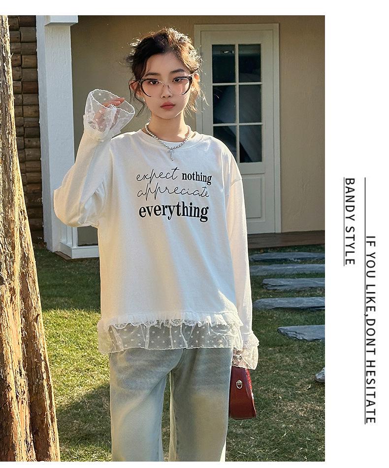 Plus Size Girls' White Lace Long Sleeve T-shirt for Spring & Autumn