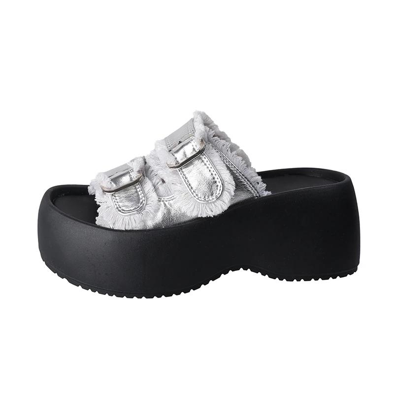 Fashion Platform Slippers Women Summer New Versatile Metal Buckle One Word Buckle Strap Casual Outside Wear Retro Fashion Cool Mopping