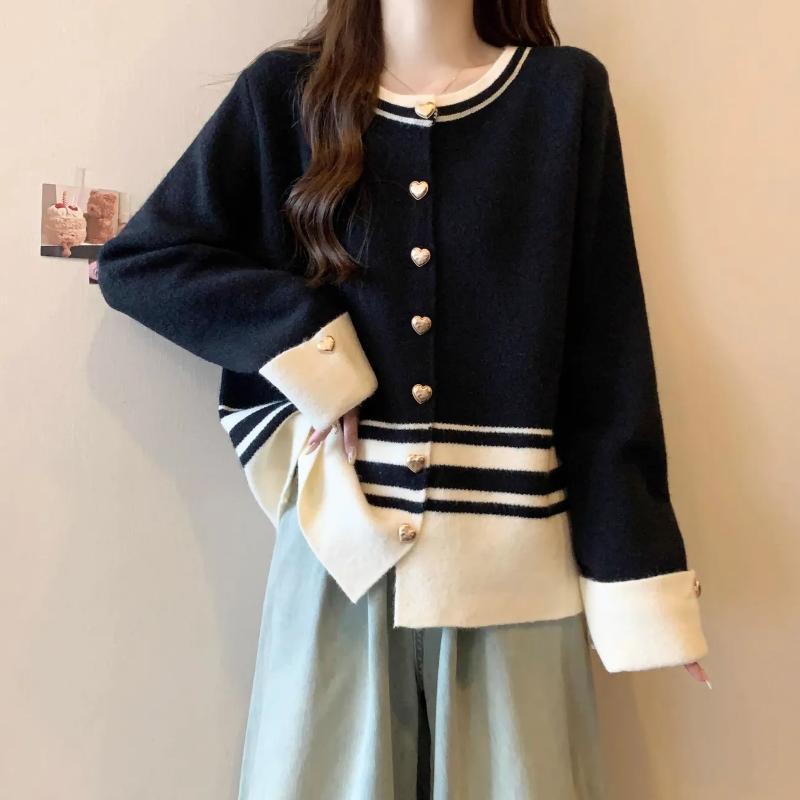Women's Casual Button Jacket Knitted Contrasting Cardigan Sweater Splicing Top