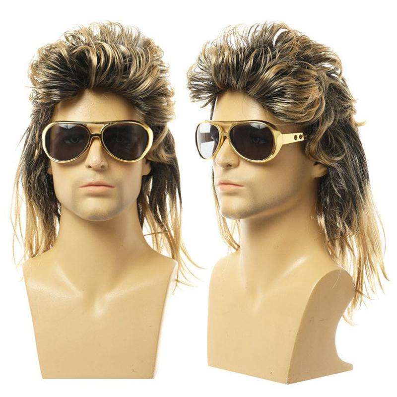 70er 80er Rocker Kostüm Heavy Metal Männer Frauen Perücke mit Bandana Sonnenbrille Halskette Party Bekleidung
