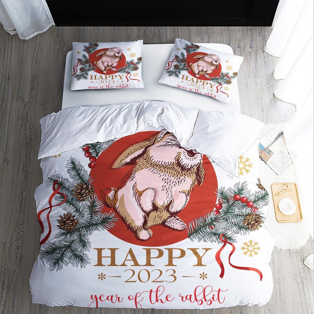 Pink Christmas Three-Piece Digital Printing Bedding Set Cartoon Santa Bed Cover