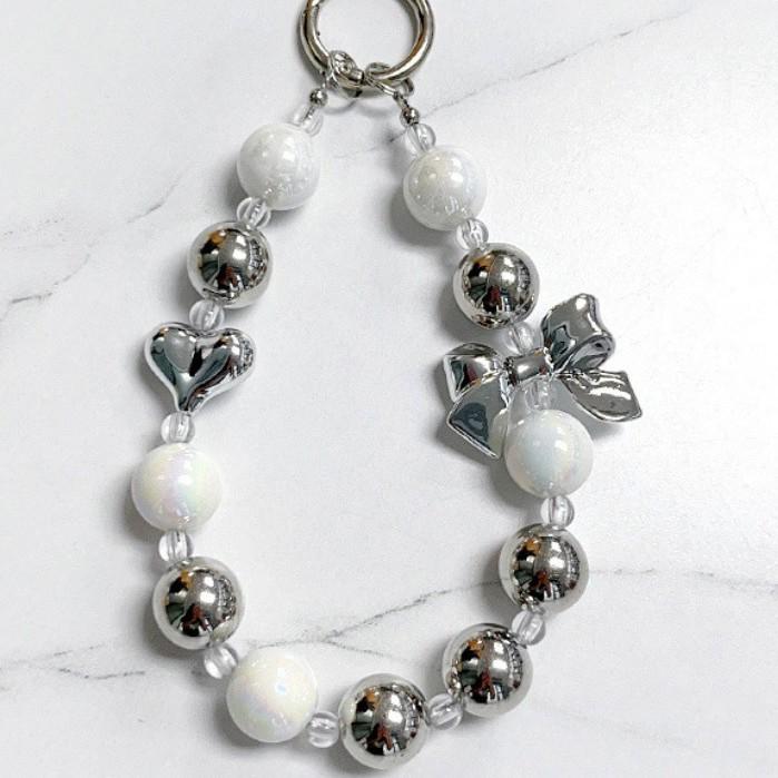 Pearl Bow Women s Luxe Beaded Phone Lanyard with Anti-Loss Pendant Silver Heart Butterfly Bracelet