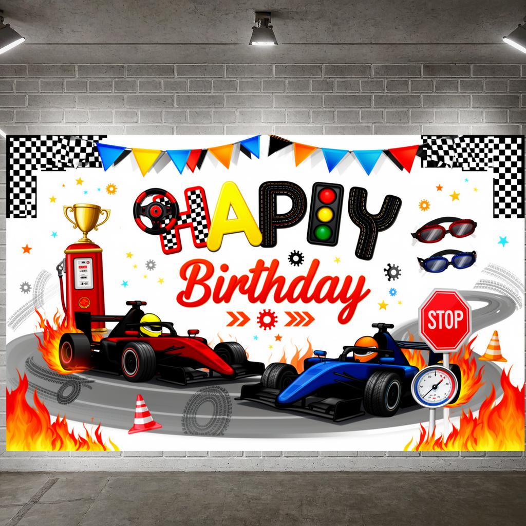 Racing Event Background Red & Blue Tone Race Car Backdrop Banner Racing Helmet Birthday Backdrop For Party Background