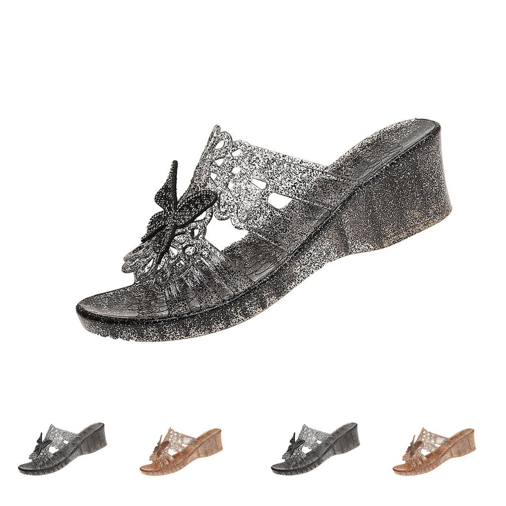 Women's Crystal Clear Plastic Open Toe Breathable High Heel Wedge Sandals Slip On Summer Shoes with Decorative Cutout Design