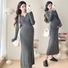 Maternity clothes, new spring and autumn clothes, autumn and winter clothes, velvet and warm, solid color round neck, belly support and thin skirt