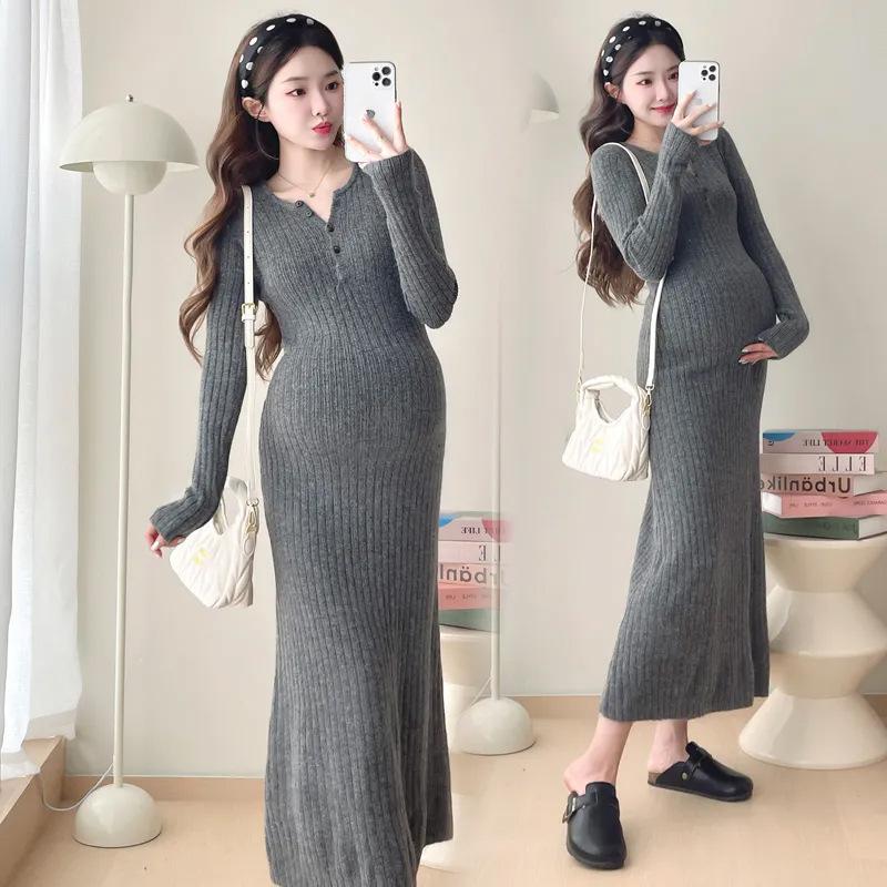 

Maternity clothes, new spring and autumn clothes, autumn and winter clothes, velvet and warm, solid color round neck, belly support and thin skirt 2XL recommends 125-70 kg