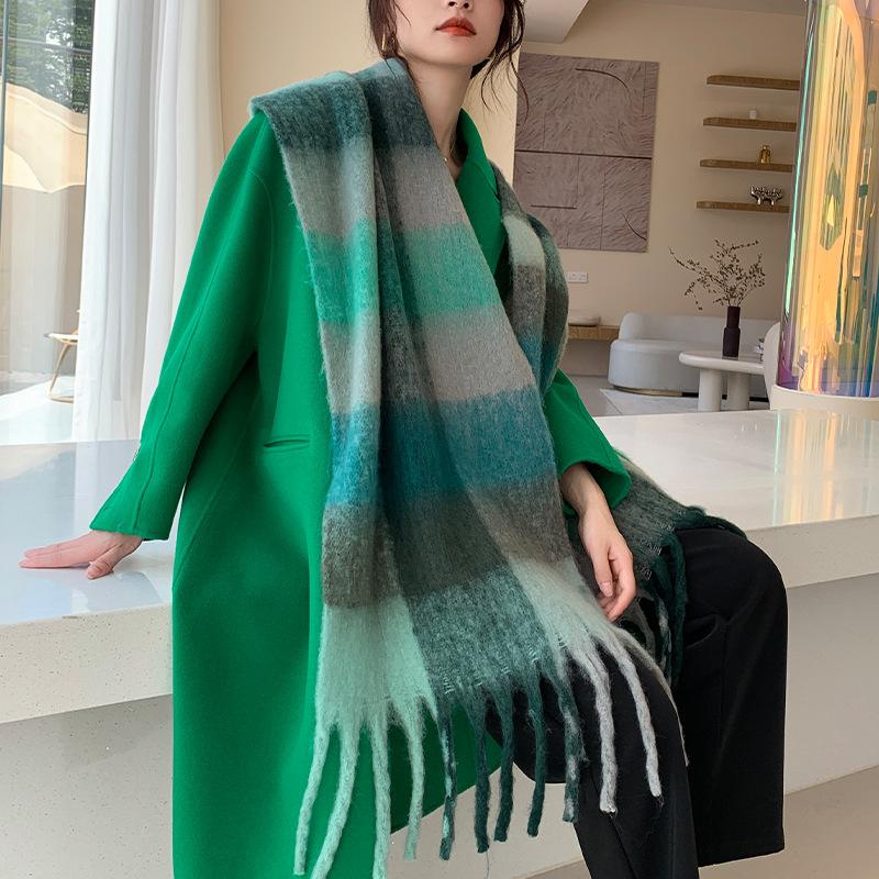 Winter New Scarf Women's Winter Thickened Warm Scarf Colored Plaid Fringed Scarf Shawl Fashionable Outer Cover