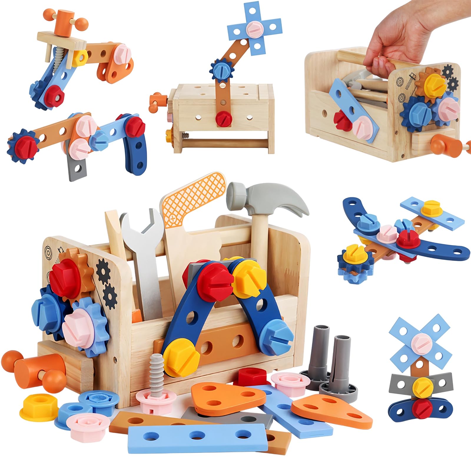 

AOMACO Wooden Tool Educational Carpenter Portable Toolbox that Transforms into a Building Creativity Birthday and Christmas Gift for Boys and Girls синий