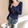 Spring Autumn Ruffles Lace Up Patchwork T-shirt Women Casual Fashion Pullover Tee Long Sleeve Bottomed Top