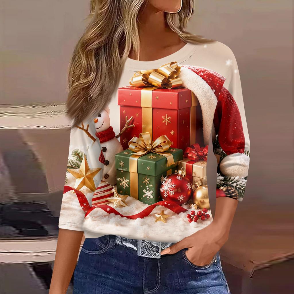 Women's Christmas Print Shirt Casual Retro Three-Quarter Sleeve Loose Fit Round Neck