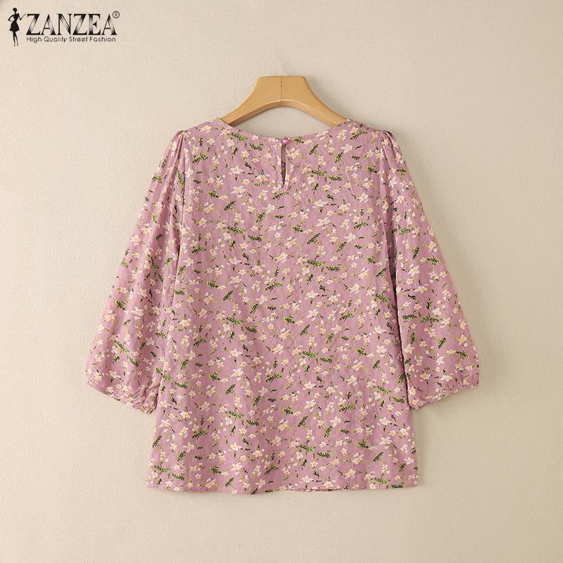 ZANZEA Women Casual Round Neck 3/4 Sleeve Loose Floral Blouse