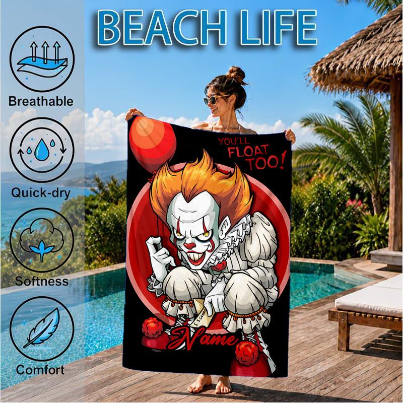 Custom Name Pennywise Clown Horror Beach Towel Microfiber Beach Towel, Lightweight and Quick-Dry, for Summer Travel, Swimming Pool Gift
