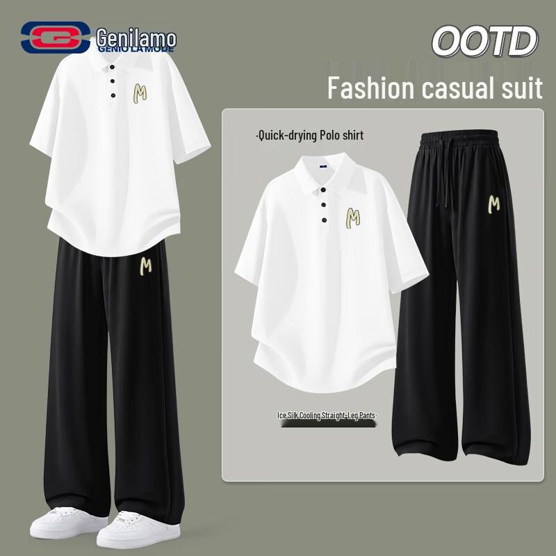 Men s Ice Silk Polo Shirt & Casual Pants Two-Piece Set M