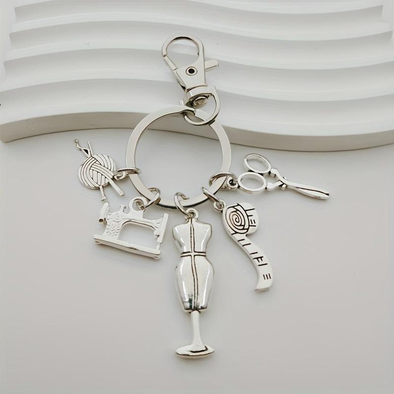 European & American Fashion Designer Sewing Keychain Charms: Scissors, Ruler, Buttons, Needle, Thread