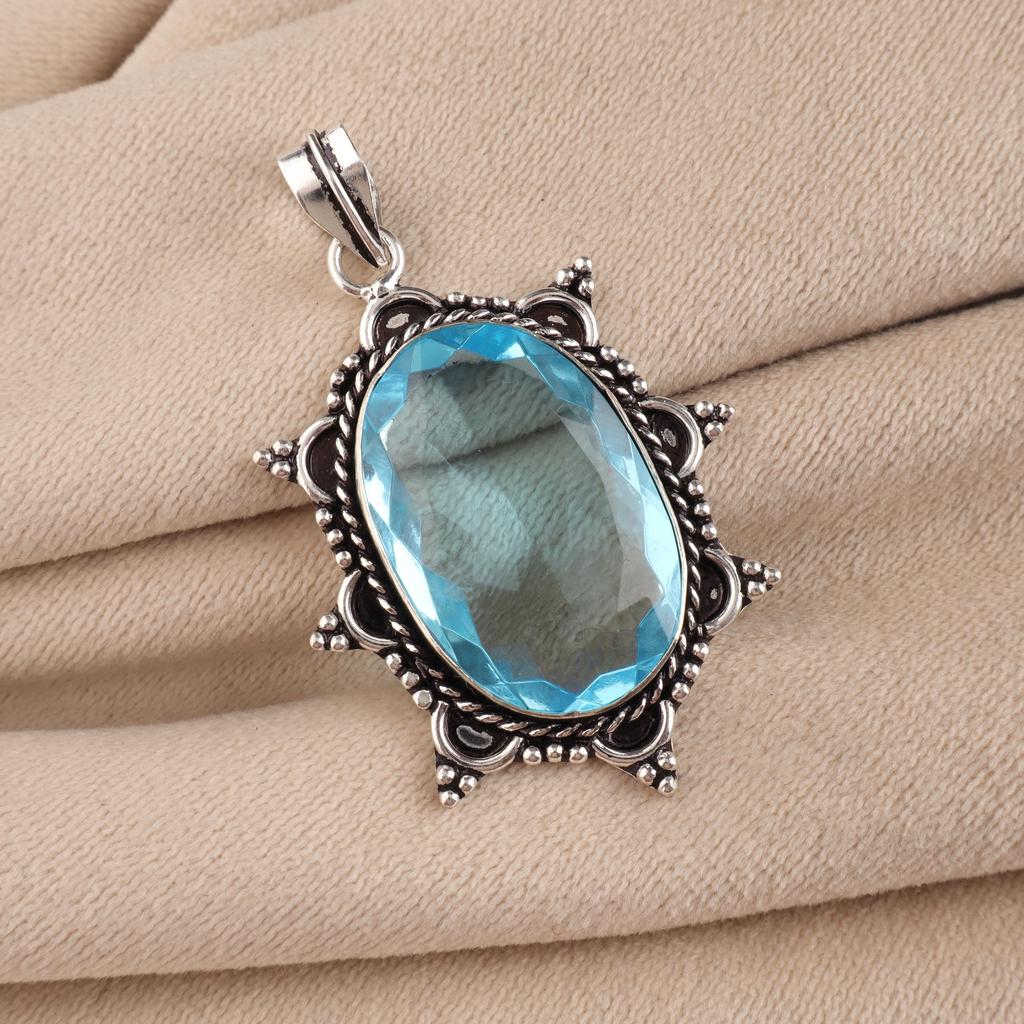Sky Blue Topaz Gemstone Silver Boho Pendant 2.5" , 925 Sterling Silver Jewelry For Her APP-1-3