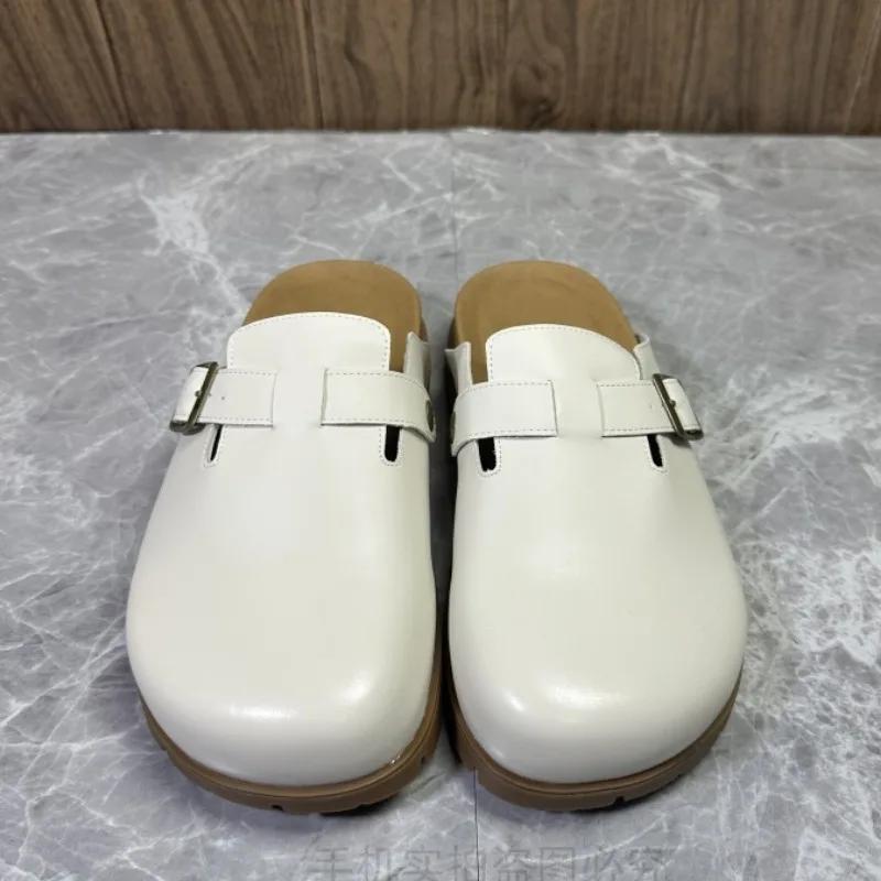 

Fashion 2025 New Closed Toe Slip-On Sandals Women Fashion Belt Buckle Summer Minimalist Casual Comfortable Outdoor Flat Slipper Zapatos 40 бежевый