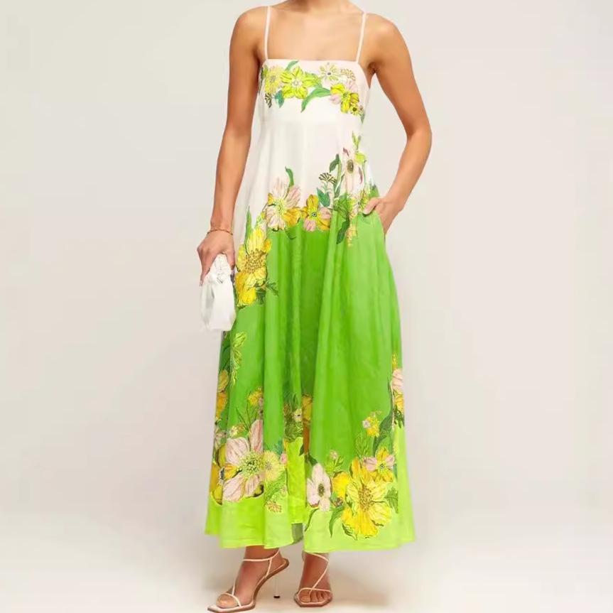 2024 Summer European & American Style Sling Elegant High-Waist Print Casual Dress