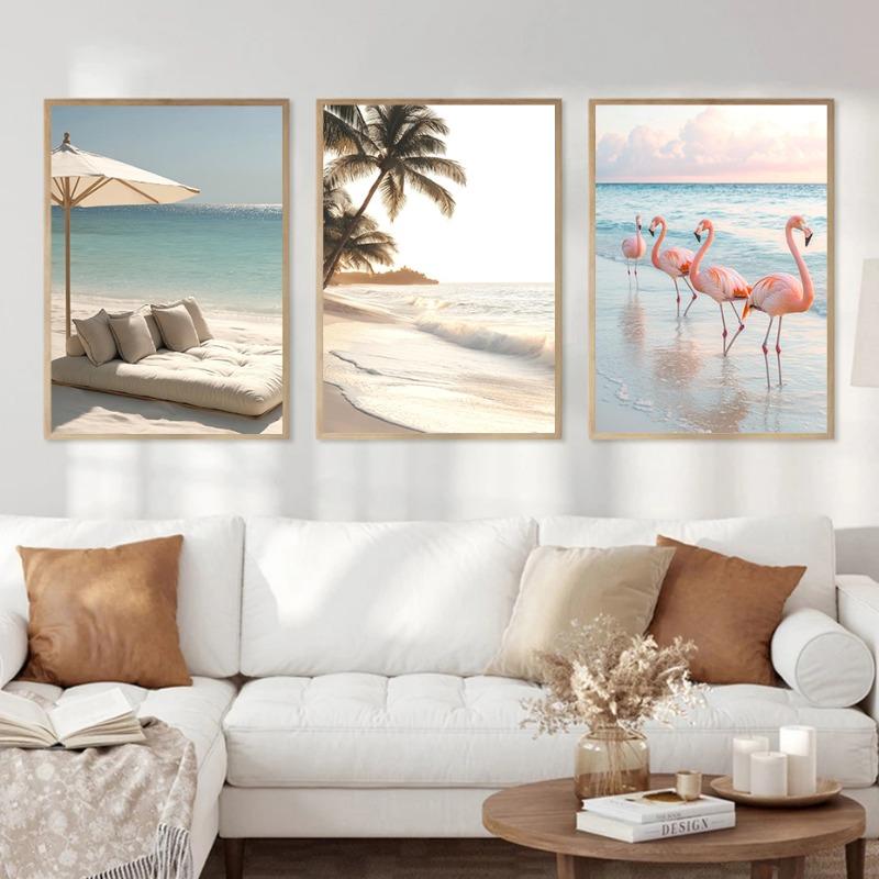 Sailing Sunset Beach Bed Santorini Surfboard Umbrellas Poster Canvas Painting Print for Living Room Home Decoration Cuadros