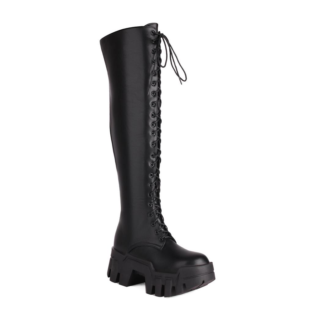 Fashion Platform Super High Increase And Shiny Patent Leather Women's Over The Knee Boots Cross Lace Up Side Zipper Punk Boots