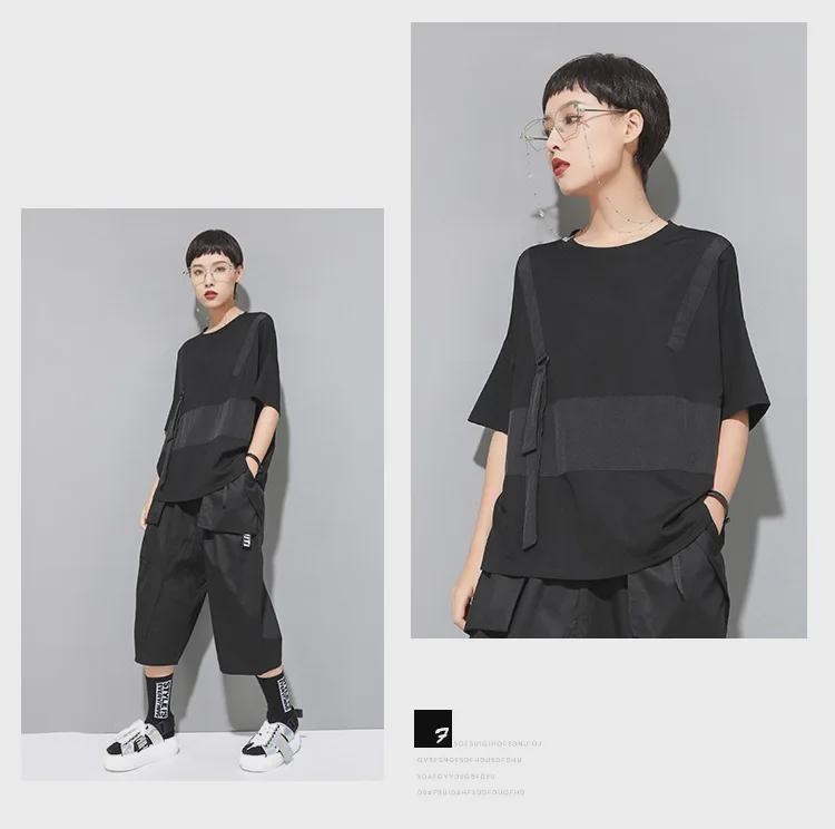 Camiseta de Verano Oscura Patchwork para Mujer Europea y Americana - Cuello Redondo, Corte Holgado, Manga Corta Estilo Trendy