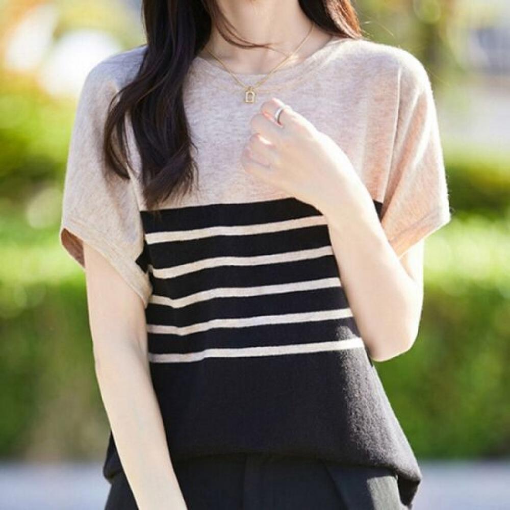 Navava Women Stripe Color Block Short Sleeve Knit Tee Nk3104