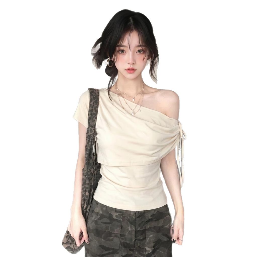 Slant Shoulder Straps Short-sleeved T-shirt Women's Summer Wear Design Off-the-shoulder Tee Irregular Slim Slim-fitting Spice Girl Top
