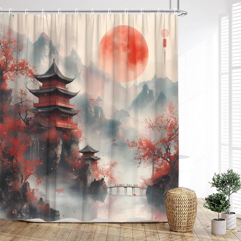 

Морские волны Осьминог Шторки для душа Солнечный Красный Цветочный Павильон Японский стиль Пейзаж Полиэстеровая ткань Домашний декор для ванной комнаты 90x180cm-35x70in