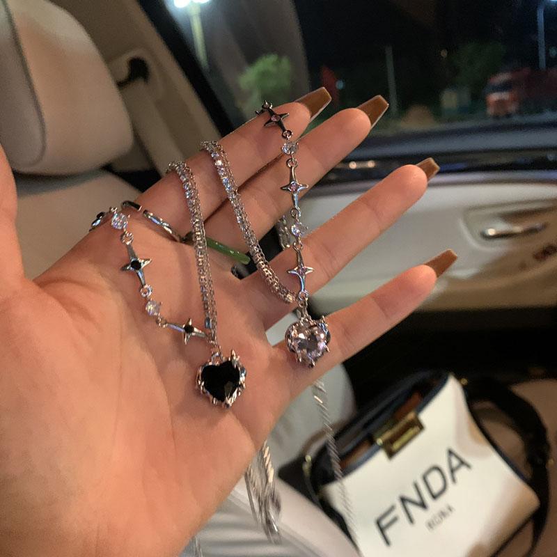 Y2K Purple Crystal Heart Pendant Necklace Women Light Luxury Egirl Punk Grunge Clavicle Chain Fashion Jewelry Party Gifts