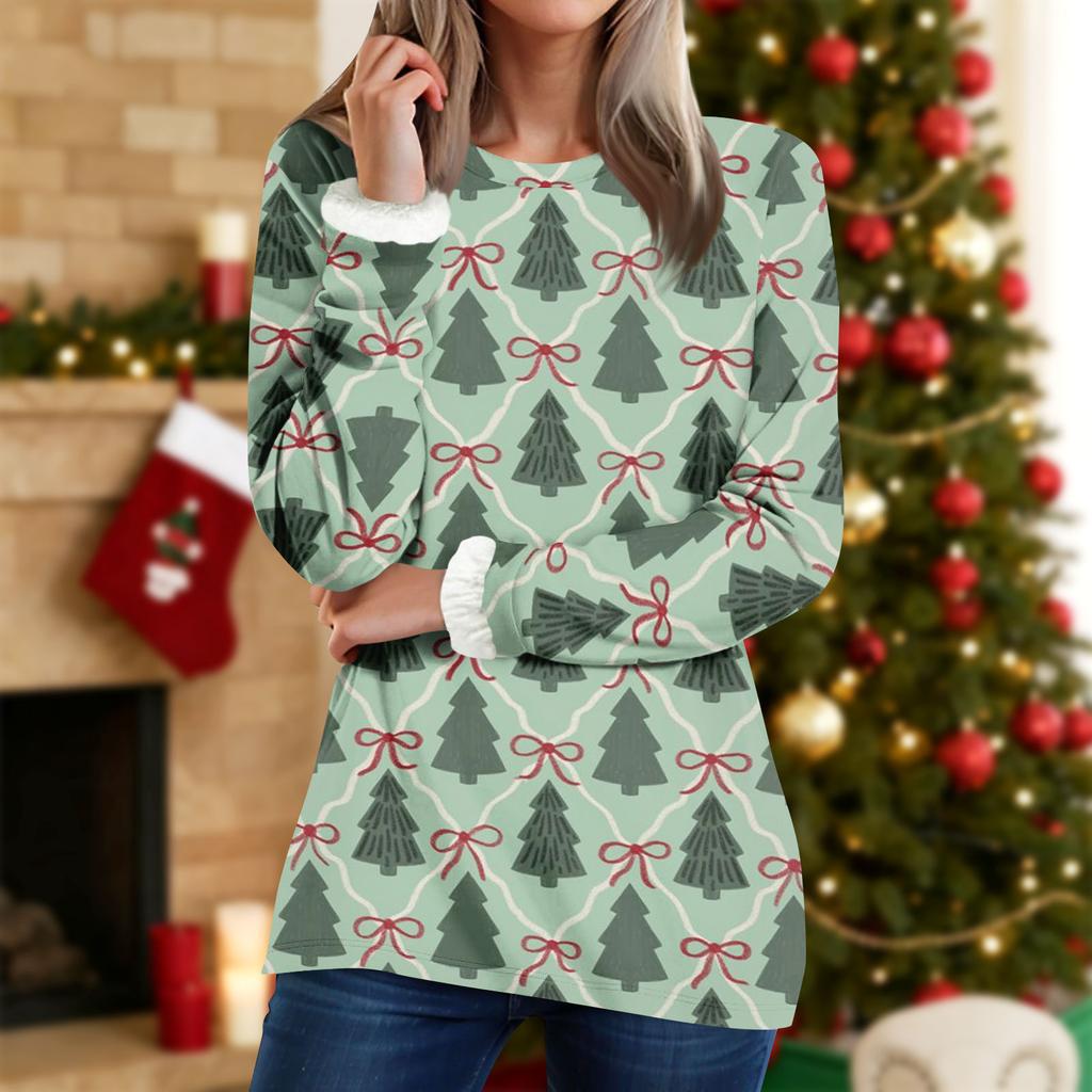 Women's Round Neck Top Printing Thickened Plush Cashmere Warm Long Top