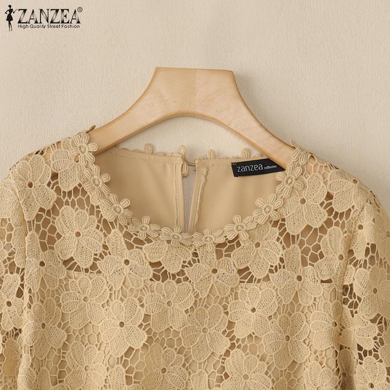 ZANZEA Women Summer Round Neck 3/4 Sleeve Casual Patchwork Lace Crochet Blouse