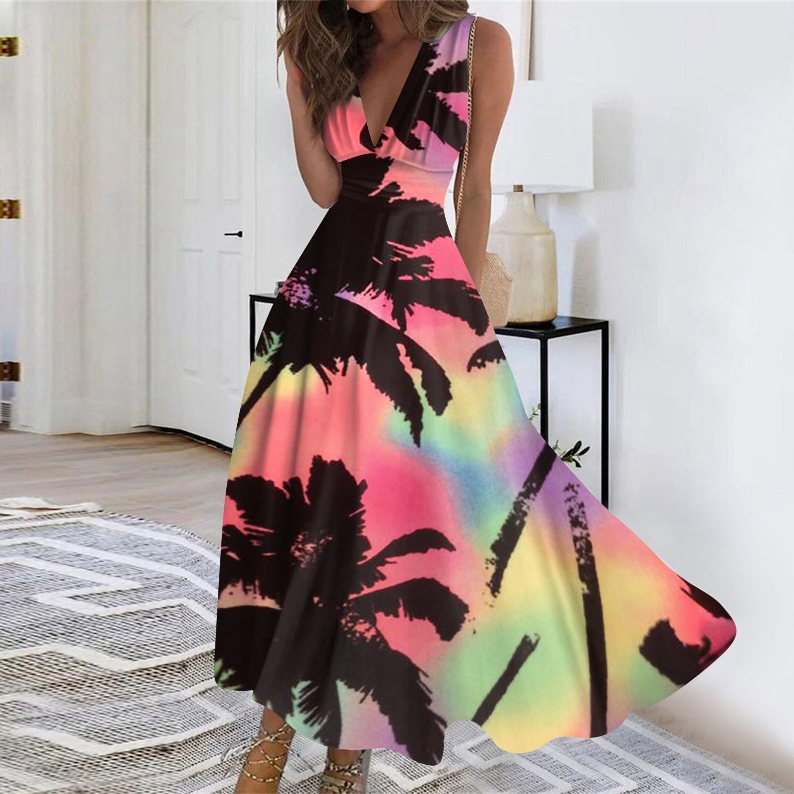 

Женское длинное платье без рукавов с v-образным вырезом и цветочным принтом XXL разноцветный