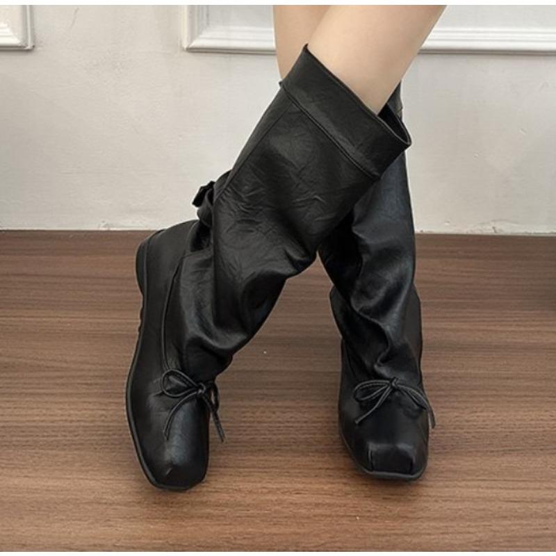 New Style Women's High Boots Round Toe Butterfly-Knot Decoration Solid Color Slip on Mary Jane Loose Mid-Calf Boots Female