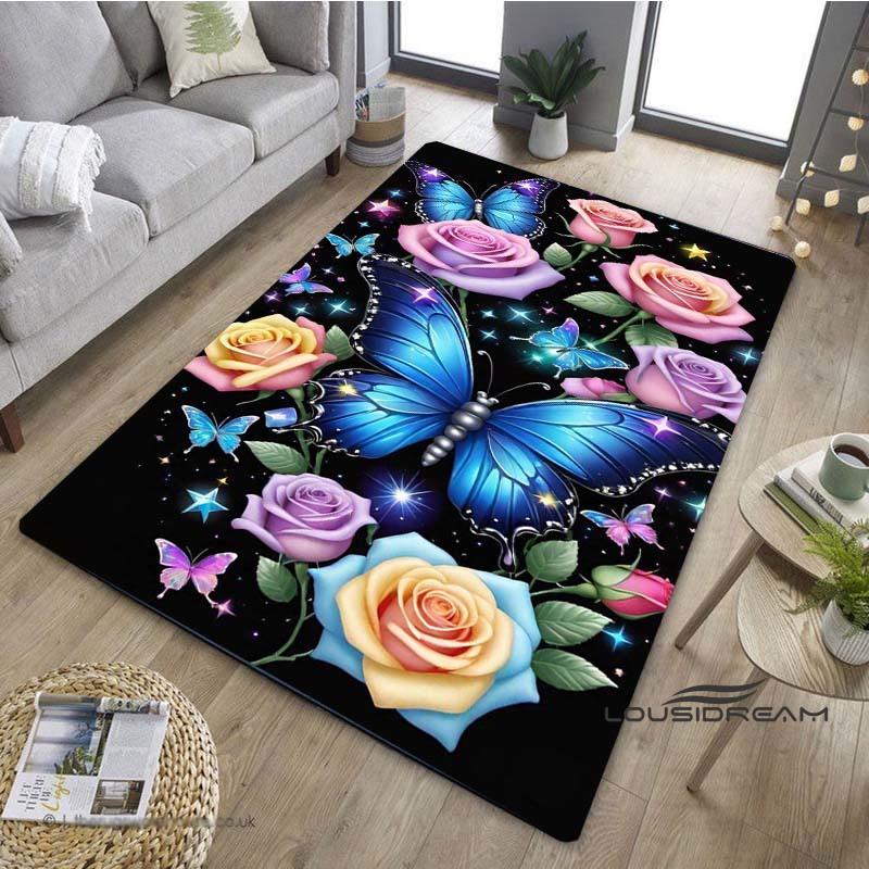 Customizable3D Luxury Dream Butterfly Flower Non-Slip Carpet for Home Living Room Bedroom Sofa Washable Kid Play Area Rug Decor