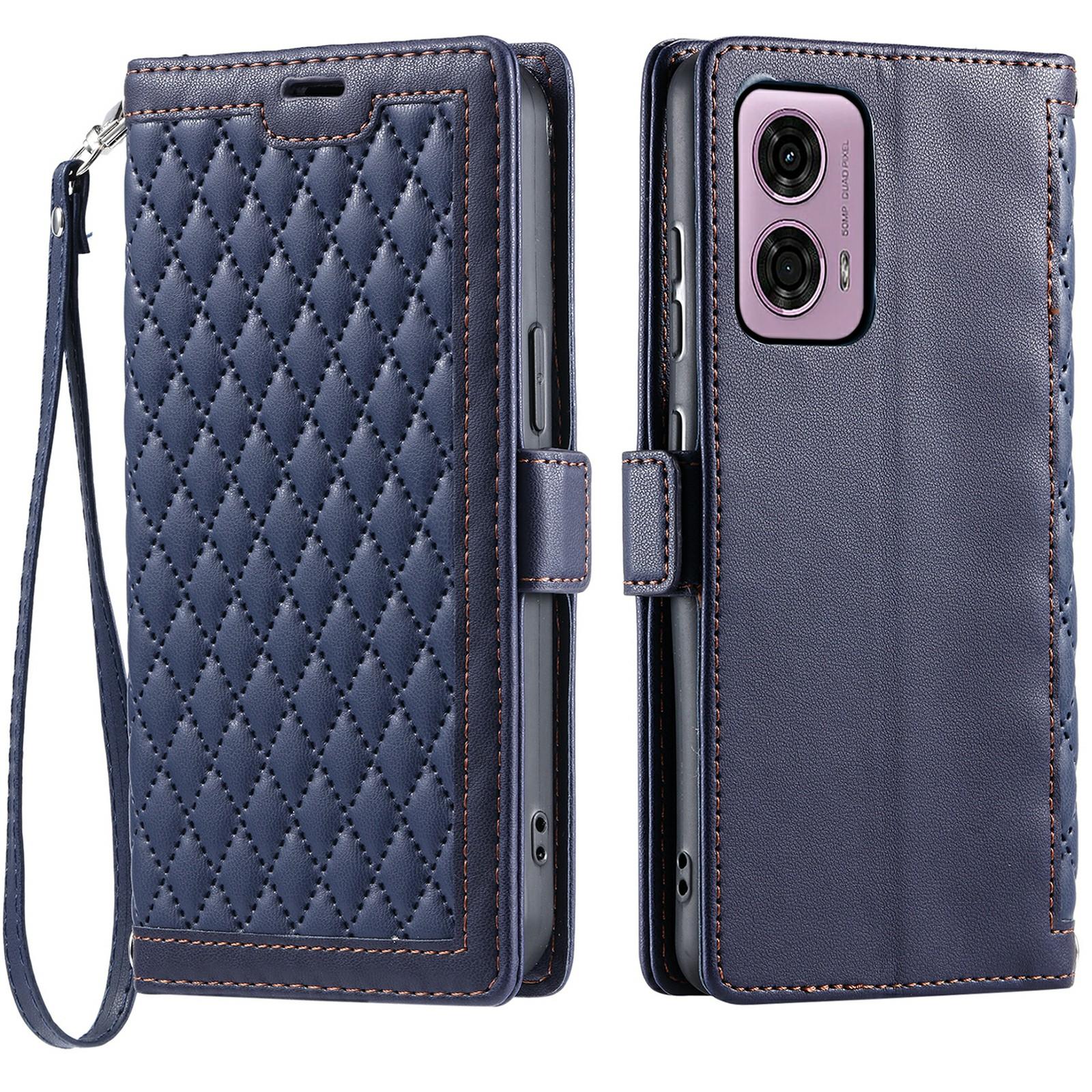 

For Motorola Moto G24 4G/G04 4G Leather Case Rhombus Texture Wallet Stand Phone Cover with Wrist Strap Blue