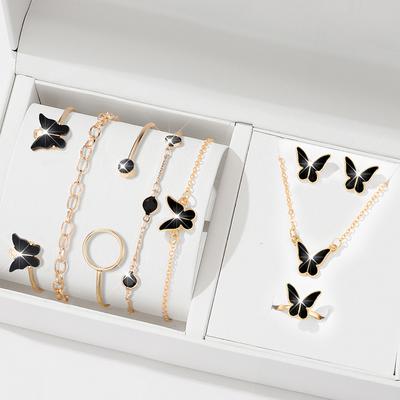 9pcs Women's Zircon Set, Luxury Ladies Fashion Casual Butterfly Bracelets, Necklace, Earrings, Ring Zircon Set, Suitable for D