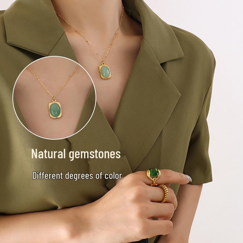 18K Gold-Plated Titanium Steel Necklace with Square Pendant and Natural Stone Inlay