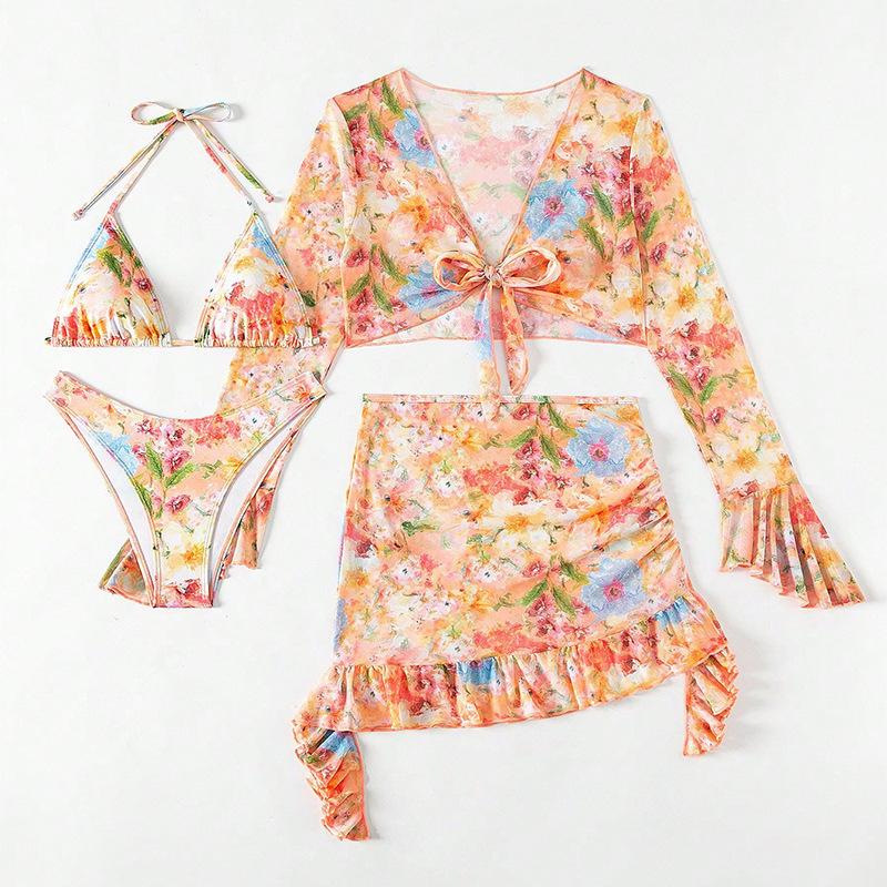 New Sexy Print Bikini Sets with Beach Skirt Long Sleeve Crop Top Swimwear Four Piece Bikini Set